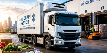 Refrigerated trucking company transporting perishable food products in a temperature-controlled cold chain logistics system