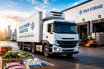 Refrigerated trucking company transporting perishable food products in a temperature-controlled cold chain logistics system
