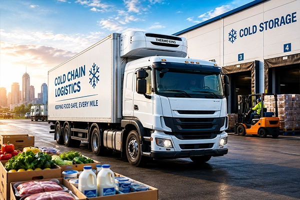 Refrigerated trucking company transporting perishable food products in a temperature-controlled cold chain logistics system