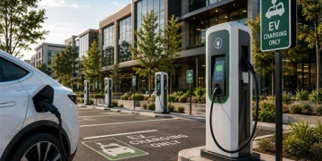 Electric vehicle charging stations installed at a modern commercial office property development