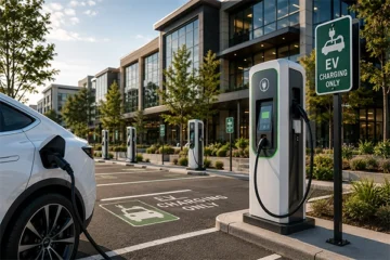 Electric vehicle charging stations installed at a modern commercial office property development