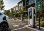Electric vehicle charging stations installed at a modern commercial office property development