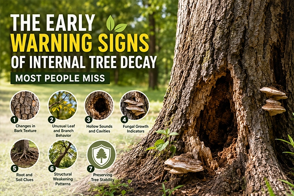 Large tree showing internal decay with hollow trunk, fungal growth, and visible structural damage