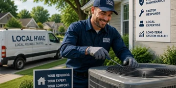Neighborhood HVAC technician performing maintenance on a residential air conditioning system to improve long-term HVAC performance and reliability