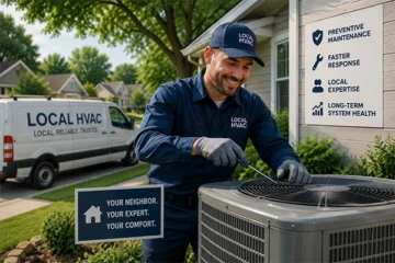 Neighborhood HVAC technician performing maintenance on a residential air conditioning system to improve long-term HVAC performance and reliability