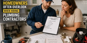 Homeowner discussing licensing, pricing, warranties, and project details with a professional plumbing contractor before hiring
