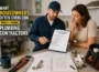 Homeowner discussing licensing, pricing, warranties, and project details with a professional plumbing contractor before hiring