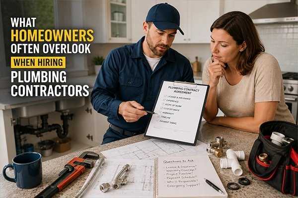 Homeowner discussing licensing, pricing, warranties, and project details with a professional plumbing contractor before hiring