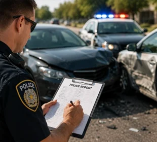 Police officer documenting a car accident scene for an insurance and legal investigation report