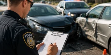 Police officer documenting a car accident scene for an insurance and legal investigation report