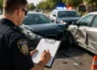 Police officer documenting a car accident scene for an insurance and legal investigation report
