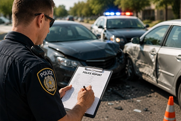 Police officer documenting a car accident scene for an insurance and legal investigation report