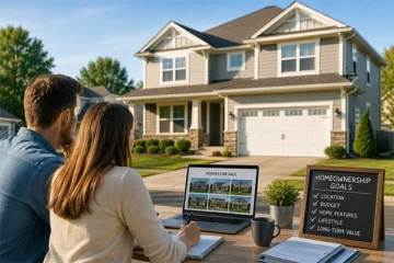 Couple browsing houses for sale online while planning homeownership goals and comparing modern suburban homes