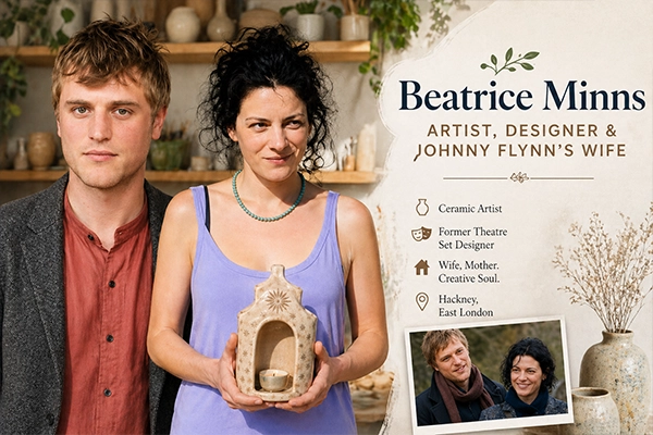 Beatrice Minns British ceramic artist and wife of Johnny Flynn smiling in East London studio